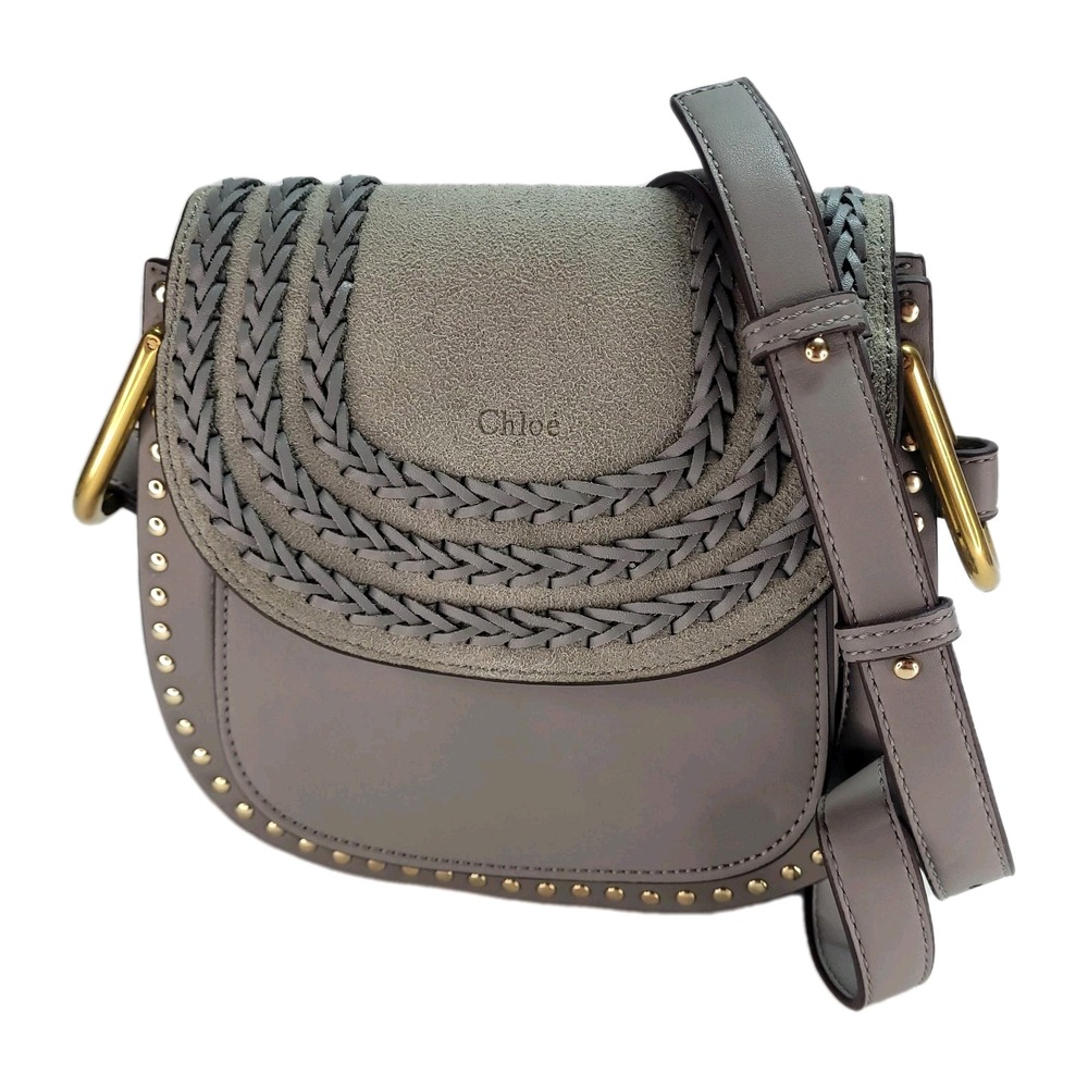 chloe hudson braided leather Purse gray Crossbody Bag Gold Studs Suede No Tassle